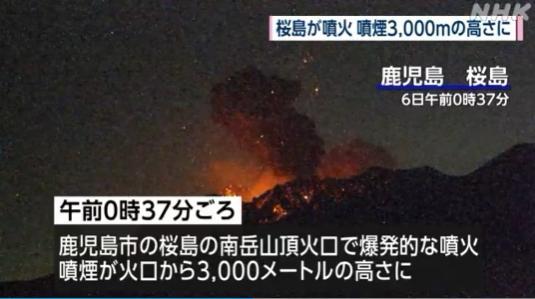 日本樱岛火山喷发烟柱高达3000米 巨石飞散警戒升级