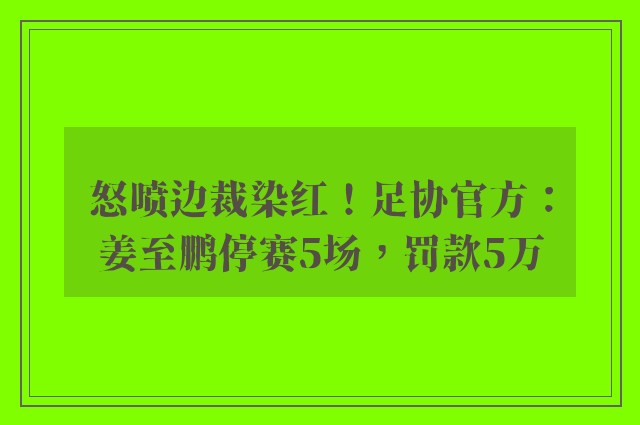 怒喷边裁染红！足协官方：姜至鹏停赛5场，罚款5万