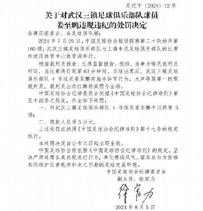 武汉三镇球员姜至鹏停赛5场 辱骂裁判遭重罚