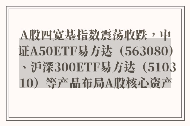 A股四宽基指数震荡收跌，中证A50ETF易方达（563080）、沪深300ETF易方达（510310）等产品布局A股核心资产