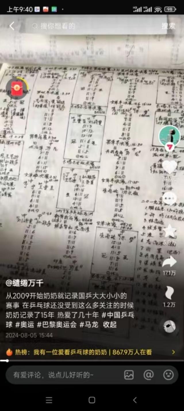 奶奶手写记录国乒比赛15年 国乒真爱粉引网络热议