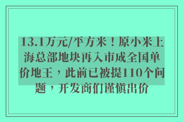 13.1万元/平方米！原小米上海总部地块再入市成全国单价地王，此前已被提110个问题，开发商们谨慎出价