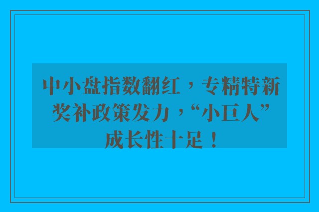 中小盘指数翻红，专精特新奖补政策发力，“小巨人”成长性十足！