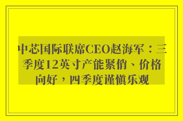 中芯国际联席CEO赵海军：三季度12英寸产能紧俏、价格向好，四季度谨慎乐观