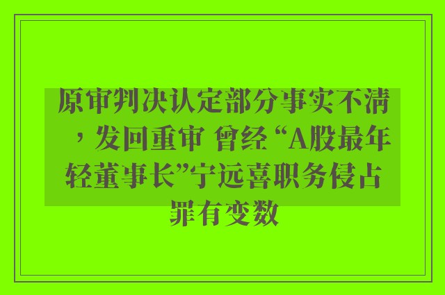 原审判决认定部分事实不清，发回重审 曾经 “A股最年轻董事长”宁远喜职务侵占罪有变数