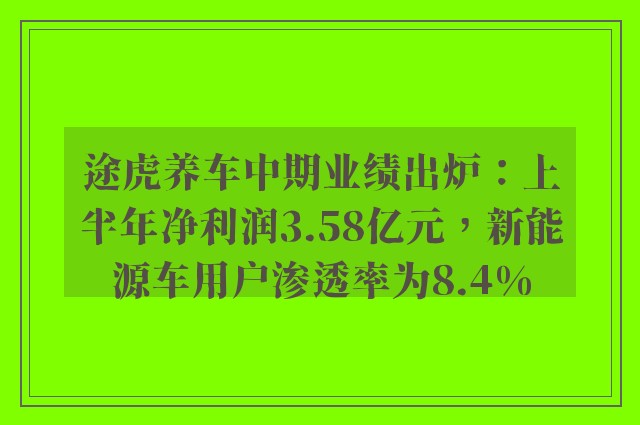 途虎养车中期业绩出炉：上半年净利润3.58亿元，新能源车用户渗透率为8.4%