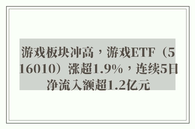 游戏板块冲高，游戏ETF（516010）涨超1.9%，连续5日净流入额超1.2亿元