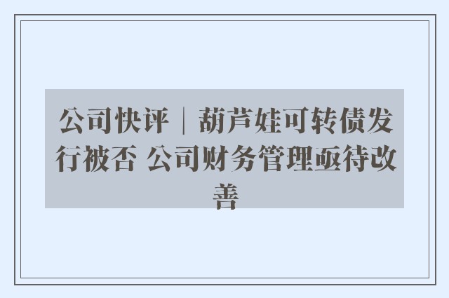 公司快评︱葫芦娃可转债发行被否 公司财务管理亟待改善