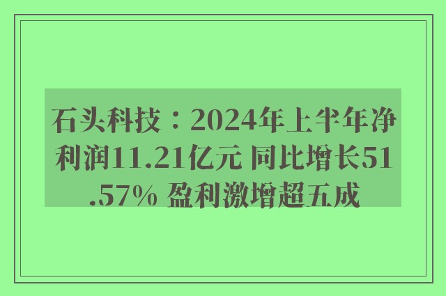 石头科技：2024年上半年净利润11.21亿元 同比增长51.57% 盈利激增超五成