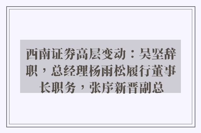 西南证券高层变动：吴坚辞职，总经理杨雨松履行董事长职务，张序新晋副总