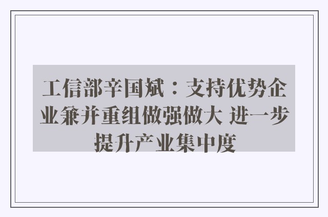 工信部辛国斌：支持优势企业兼并重组做强做大 进一步提升产业集中度