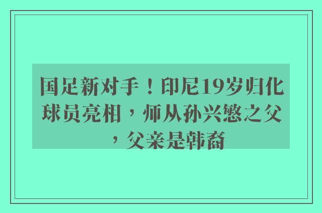 国足新对手！印尼19岁归化球员亮相，师从孙兴慜之父，父亲是韩裔