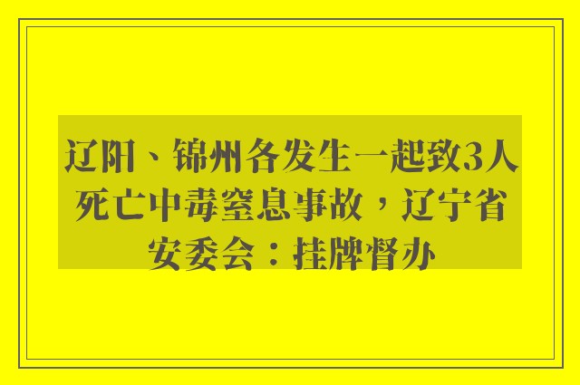 辽阳、锦州各发生一起致3人死亡中毒窒息事故，辽宁省安委会：挂牌督办