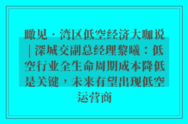 瞰见•湾区低空经济大咖说 | 深城交副总经理黎曦：低空行业全生命周期成本降低是关键，未来有望出现低空运营商