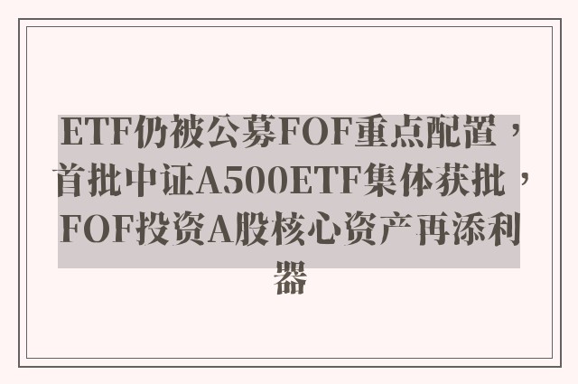 ETF仍被公募FOF重点配置，首批中证A500ETF集体获批，FOF投资A股核心资产再添利器