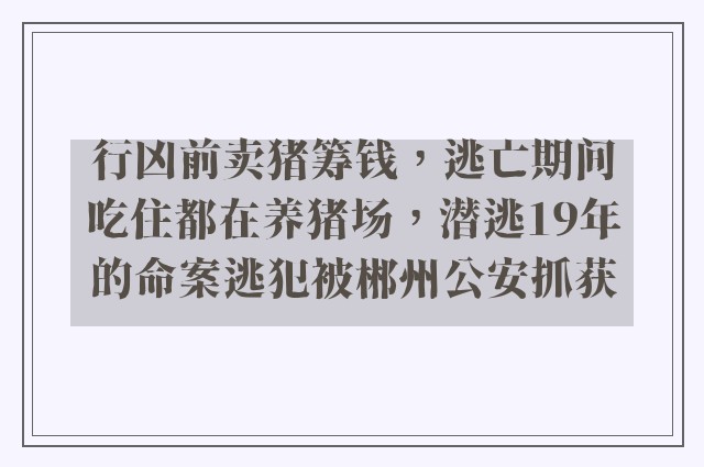 行凶前卖猪筹钱，逃亡期间吃住都在养猪场，潜逃19年的命案逃犯被郴州公安抓获