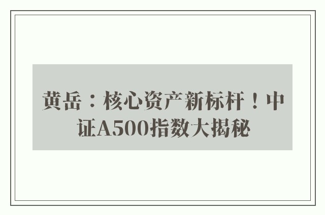 黄岳：核心资产新标杆！中证A500指数大揭秘