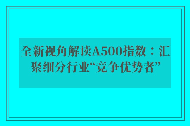 全新视角解读A500指数：汇聚细分行业“竞争优势者”