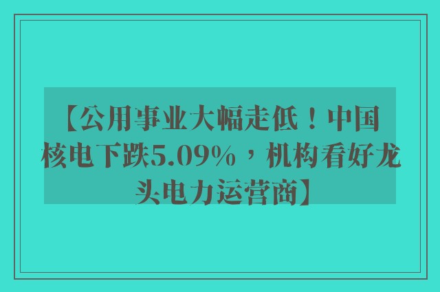 【公用事业大幅走低！中国核电下跌5.09%，机构看好龙头电力运营商】