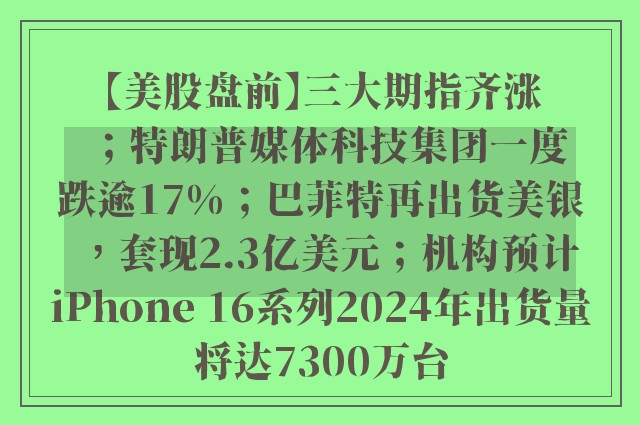 【美股盘前】三大期指齐涨；特朗普媒体科技集团一度跌逾17%；巴菲特再出货美银，套现2.3亿美元；机构预计iPhone 16系列2024年出货量将达7300万台