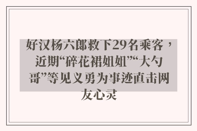 好汉杨六郎救下29名乘客，近期“碎花裙姐姐”“大勺哥”等见义勇为事迹直击网友心灵