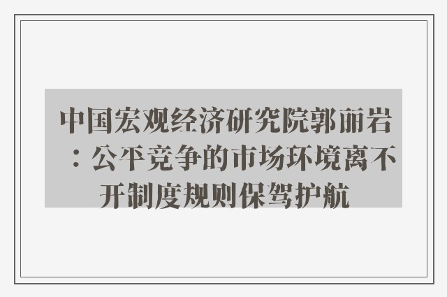 中国宏观经济研究院郭丽岩：公平竞争的市场环境离不开制度规则保驾护航