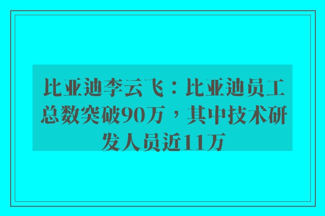 比亚迪李云飞：比亚迪员工总数突破90万，其中技术研发人员近11万