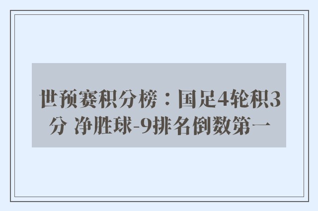 世预赛积分榜：国足4轮积3分 净胜球-9排名倒数第一