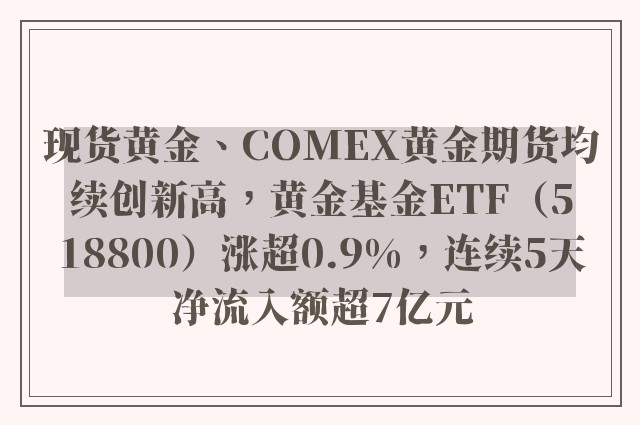 现货黄金、COMEX黄金期货均续创新高，黄金基金ETF（518800）涨超0.9%，连续5天净流入额超7亿元